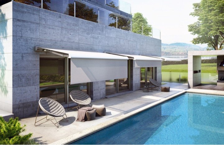 Motorized awnings for shade at the touch of a button